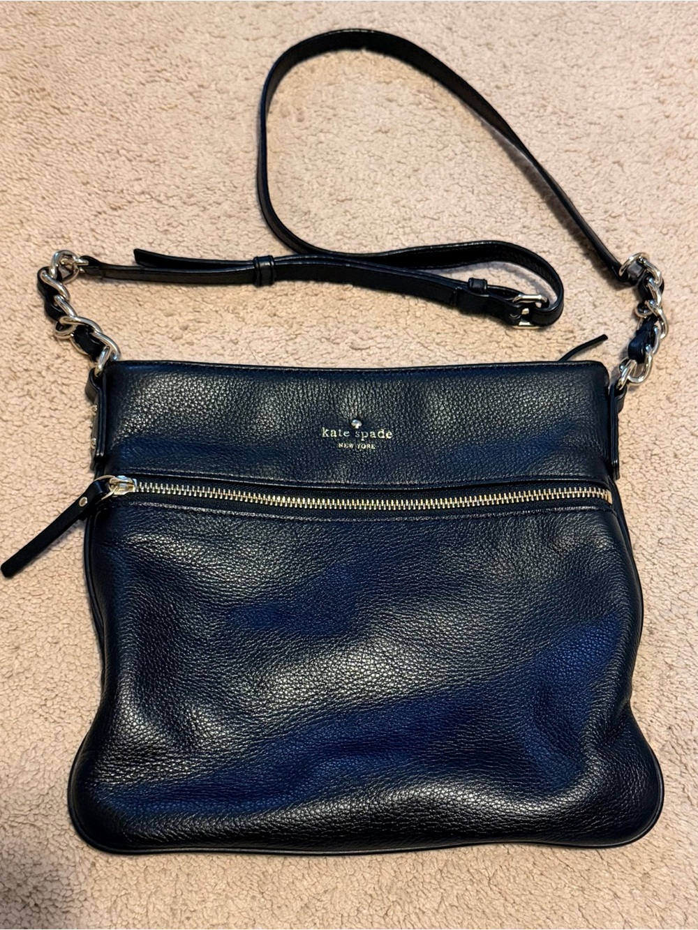 kate spade black pebbled leather crossbody with silver chain strap